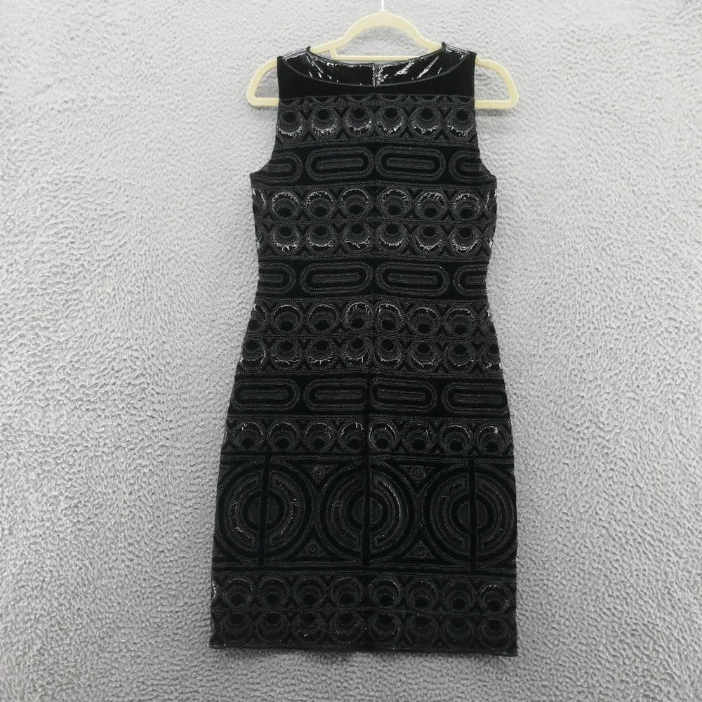 Tory Burch Womens‎ Beaded Velvet Patent Leather Sheath Dress 4 Black Cocktail